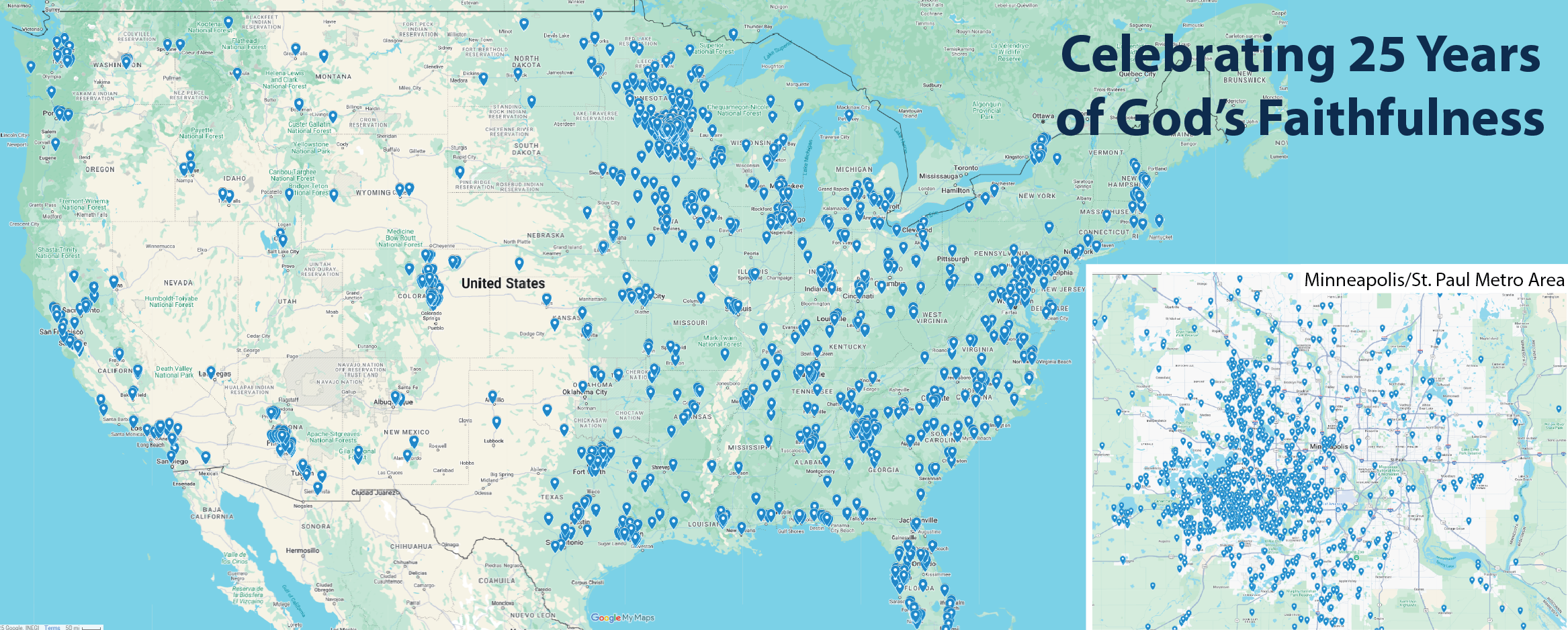 Map of the United States and Twin Cities showing locations of people impacted by Lamplighters' ministry.